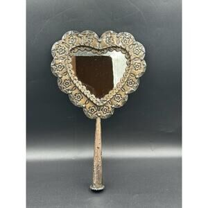Vintage San Miguel de Allende Hojalata Heart Hand Mirror Tin Folk Art Mexico